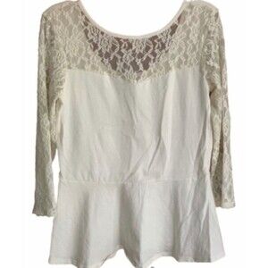 Express Cream 3/4 Lace Sleeve Peplum Top